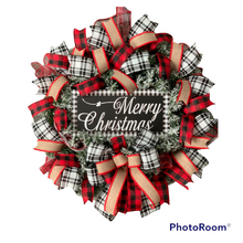 Load image into Gallery viewer, Farmhouse Buffalo Plaid Christmas Wreath, Buffalo Plaid Wreath, Merry Christmas Wreath, Holiday Wreath
